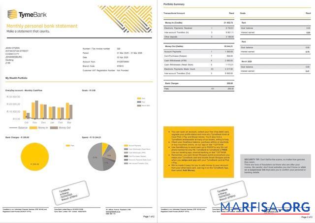 Blank South Africa Tyme bank statement word 2 pages real example